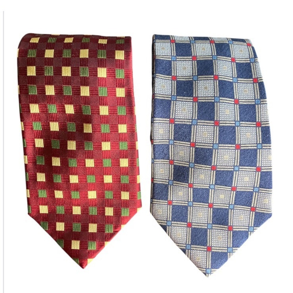LOT OF 2, Paul Fredrick ITALIAN SILK NECK TIE Blue/Gray Box MAROON/GOLD CHECKS